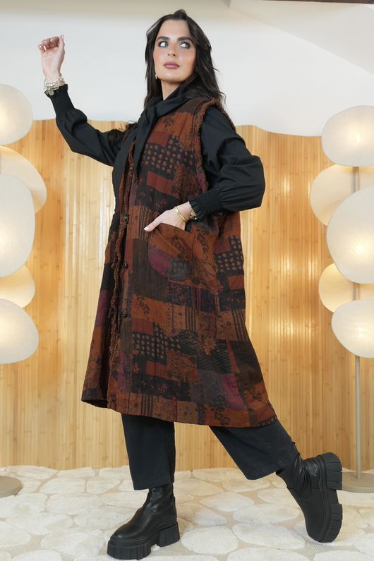 Patchwork Longline Gilet Jacket Rust